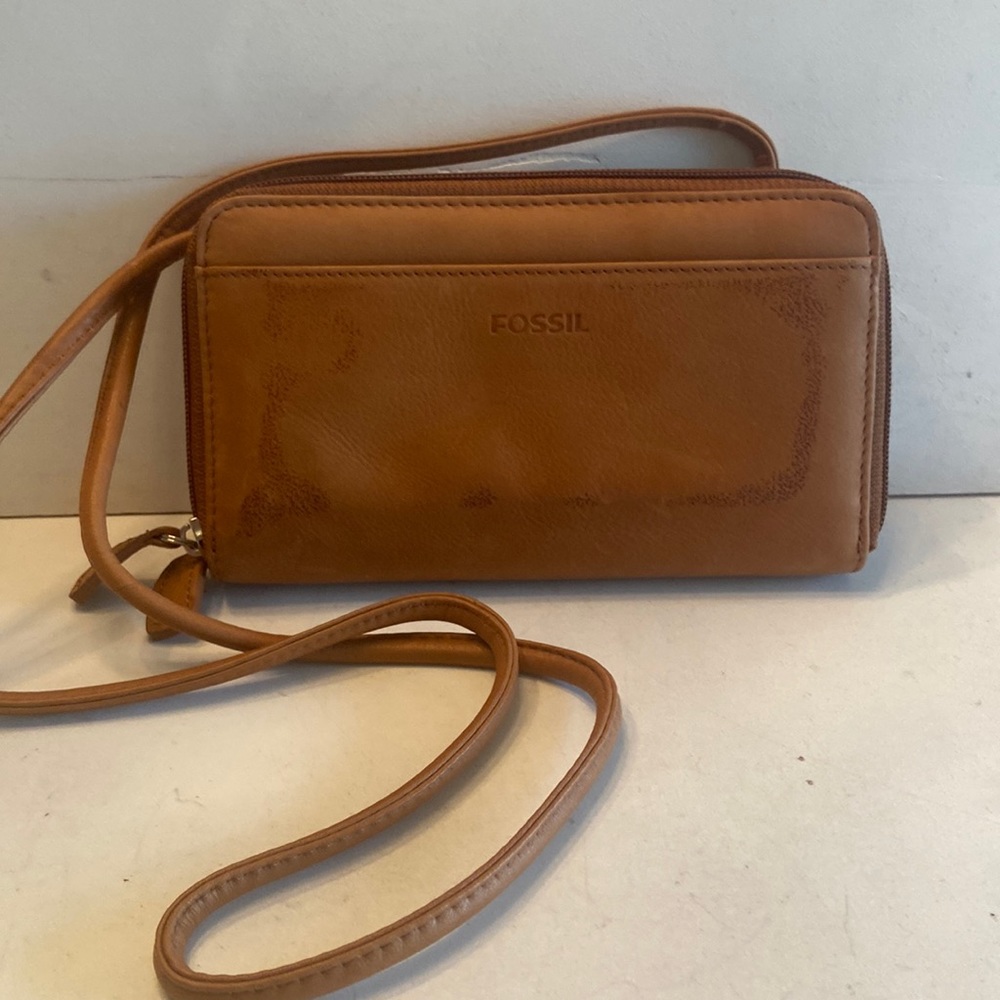 Fossil brown leather double zip around multi pocket clutch bag with strap